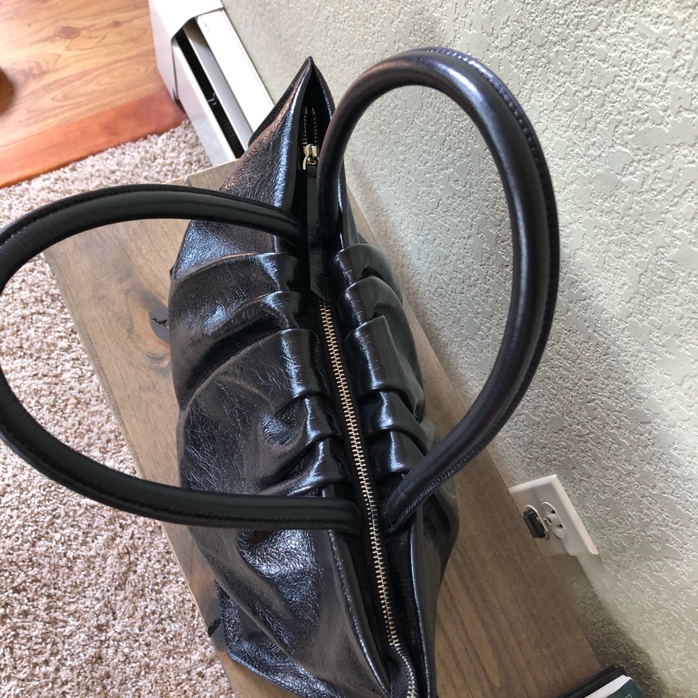 SLOWLINE Pleated Patent Leather Black Shoulder Bag - Picture 3 of 8